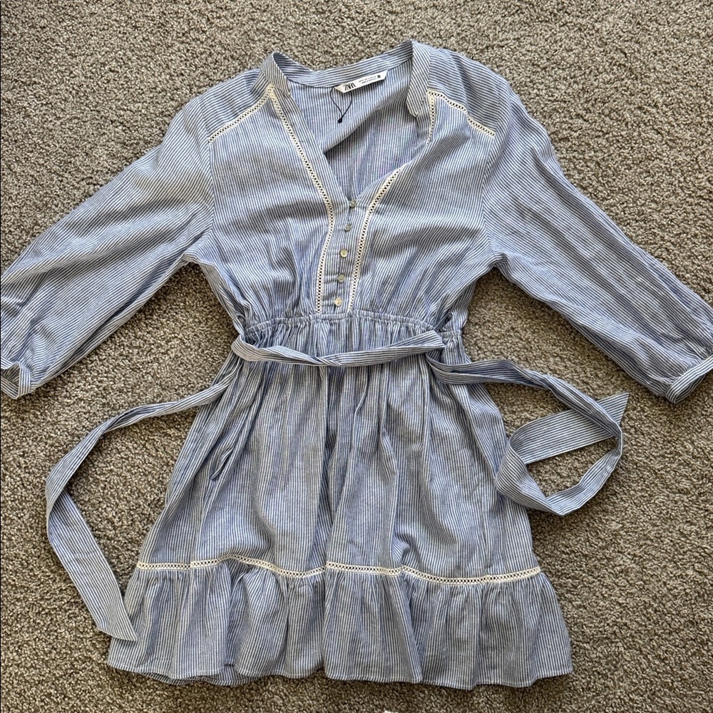 Zara Blue Striped Long Sleeve Dress